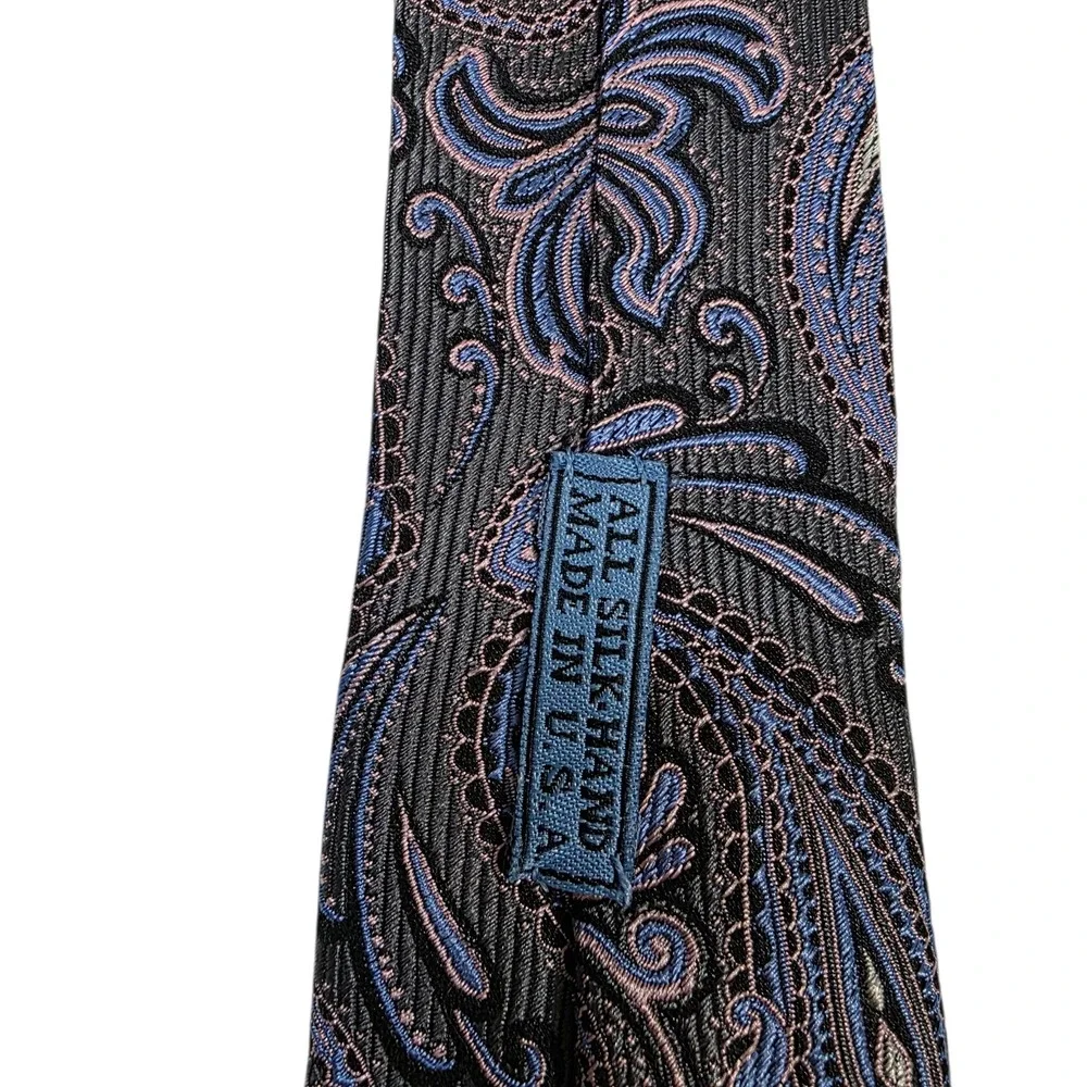 JZ Richards Mens Necktie Gray‎ Pink Blue Silk Paisley Handmade Embroidered USA